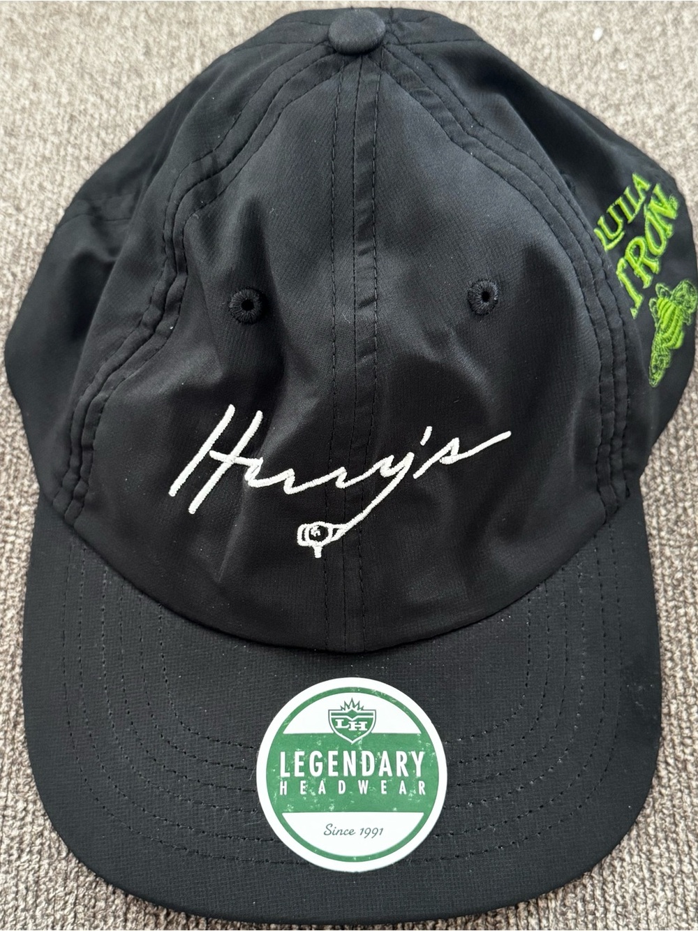 Legendary Whitetails Black Cap with White Script and Green Accents Tequila